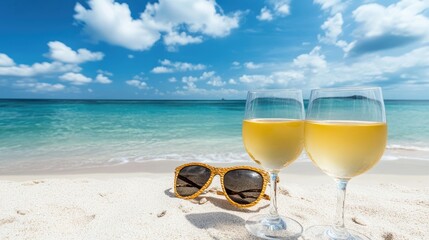 Tropical Beach Bliss: Wine Glasses and Sunglasses on Sandy Shore under Blue Skies