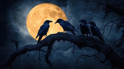 Fototapeta premium Four crows perched on a branch at night under a large orange moon.