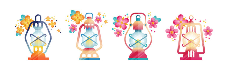 Fototapeta premium Bright Lantern and Lamp with Hoop and Floral Element Vector Set