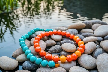 A vibrant artificial coral bead necklace displayed on smooth pebbles at the edge of a serene pond.