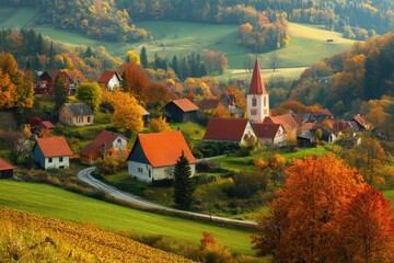 Picturesque european village embraces the vibrant colors of autumn