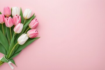Obraz premium Bouquet of tulips on a pink backdrop with copyspace