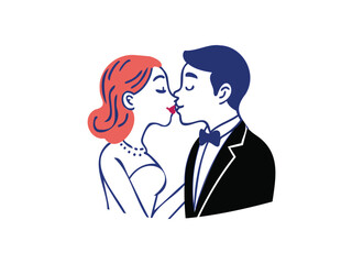 Romantic Couple Illustration in Classic Style - Wedding Kiss Art