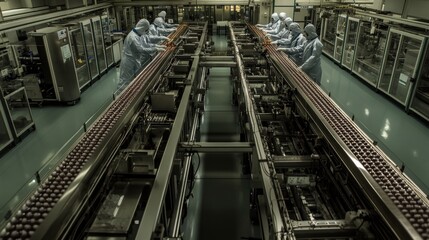 Fototapeta premium Pharmaceutical manufacturing facility with automated pill production lines, clean rooms, and workers in protective suits ensuring high standards of medicine production