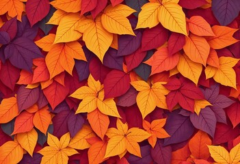 Vibrant autumn leaves in shades of orange, red, and purple create a vivid and textured tapestry.