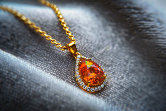 Gold chain with a radiant orange fire opal and diamond pendant on a sleek grey background.