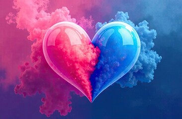 Dynamic heart shapes formed from pink and blue smoke blend together, creating a visually striking effect against a colorful backdrop. Generative AI