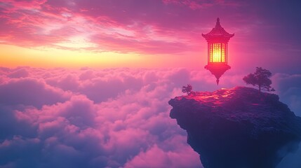 Fototapeta premium Mystical floating rock with a lantern in a cloud filled sunset.