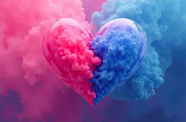 A heart shape emerges from vibrant pink and blue smoke clouds, conveying celebration and joy, ideal for a gender reveal party backdrop. Generative AI