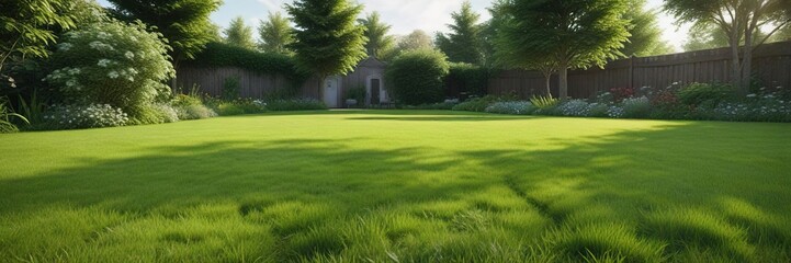 Beautiful garden with freshly cut green grass, green lawn, manicured