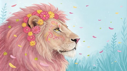 Pink Lion with Floral Crown Digital Painting of a Majestic Creature in a Whimsical Meadow