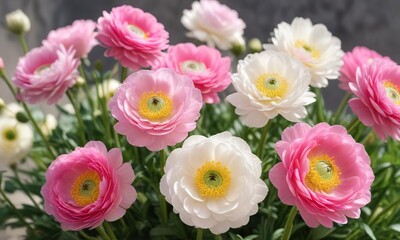 Fototapeta premium Bright and cheerful pink and white ranunculus flowers in sunlight, bright, summer, cheerful