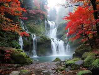 Beautiful waterfall scene in a green forest with a magnificent red maple tree adding a touch of autumn, foliage, vibrant colors