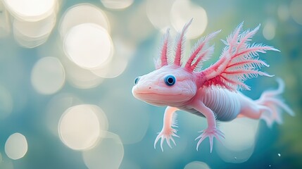 Fototapeta premium Pink axolotl with feathery gills, swimming in water with bokeh background.