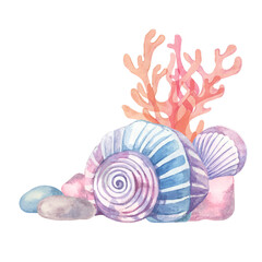 A vibrant seashell arrangement with pink coral, blue rocks, and spiral shells illustrated in watercolor. This clipart is ideal for wedding stationery, greeting cards, or nautical gift packaging