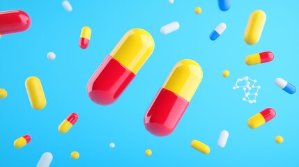 A visual representation of pharmaceuticals with colorful tablets and chemical formulas.