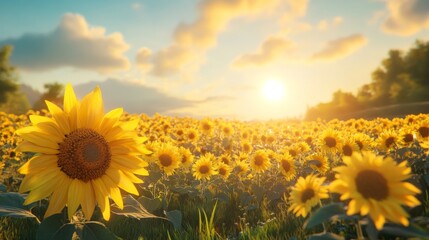 Fototapeta premium Sunlit Field of Sunflowers at Sunset