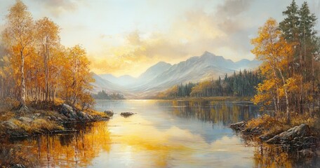 Fototapeta premium Autumnal Lake Mountain Landscape at Sunset