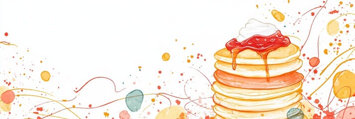 A vibrant doodle of stacks of pancakes adorned with jam, honey, sour cream, and butter offers an inviting concept for breakfast content. Generative AI