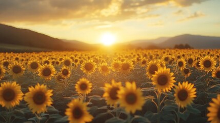 Fototapeta premium Sun Setting Over a Field of Sunflowers