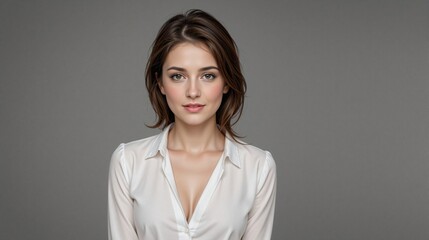 Obraz premium Young woman in white shirt with soft expression against light gray background