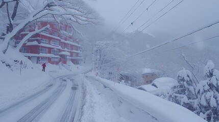 Snowy mountain road with a red building.