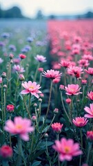 Obraz premium Bright pink and purple flowers fill a lush garden during springtime, creating a colorful, serene landscape perfect for relaxation and joy. Generative AI