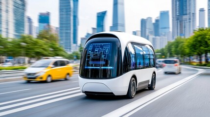 Fototapeta premium Autonomous electric shuttle bus with smart vehicle technology driving itself on the street.
