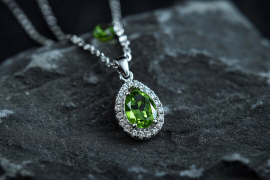 Necklace adorned with a sparkling diamond and peridot pendant on a dark grey background.