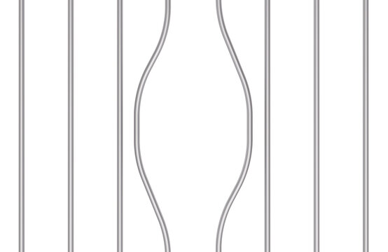 Metal prison bars bent, curved metal rods of jail cage. Prison escape or jailbreak, concept. 3D rendering isolated on transparent background