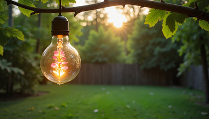 Hanging light bulb with flowers, outdoor decor, nature-inspired ambiance