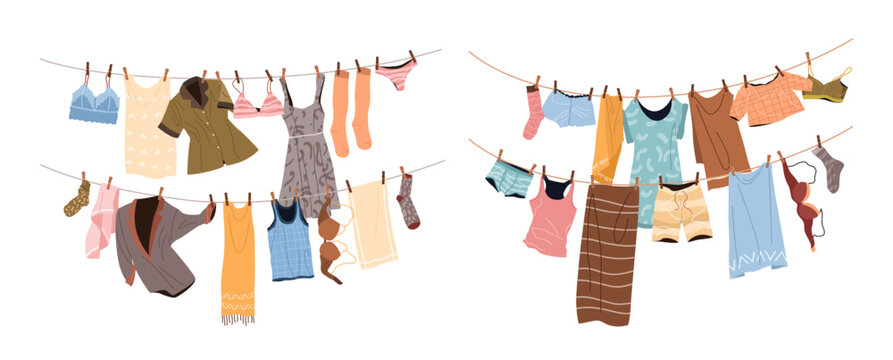 Different clean clothes drying on clotheslines. Set of modern clothing for men and women pinned with clothespins. Cleaning and laundry concept. Washing routine. Isolated flat vector illustrations. 