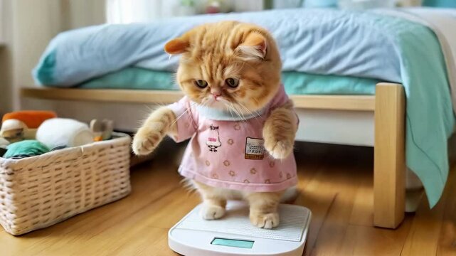 Cute ginger cat in pajamas standing on scale in bedroom looking down with funny serious expression, showing comic pet behavior and humorous weight check moment