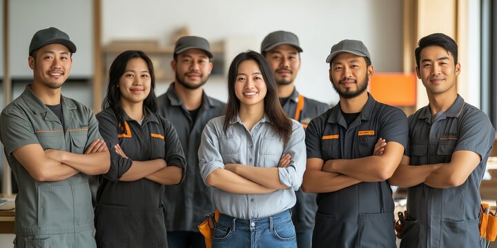 A diverse team of plumbers stands confidently together in a modern workspace, showcasing teamwork and professionalism