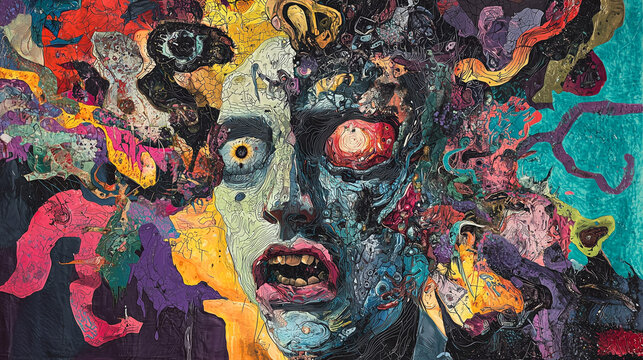 Schizophrenia, a disorder of split personalities. The image depicts a person with multiple and split identities, portrayed through schizophrenic-style artwork.