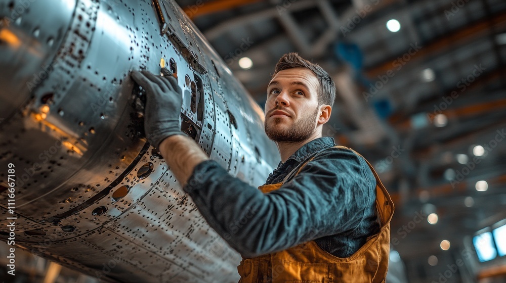 Poster A dedicated mechanic focuses intently on a large metallic part, examining it closely amidst a busy workshop filled with machinery and tools. The ambient light enhances the details of his work