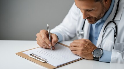 Healthcare professional diligently documenting patient information with a clipboard in a modern clinical environment during a busy hospital day