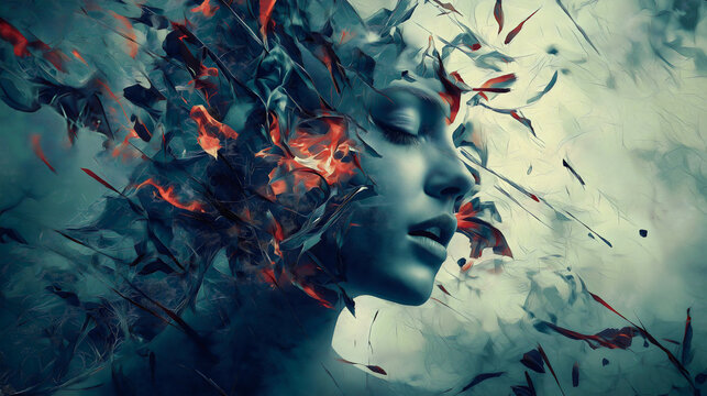 Schizophrenia depicted through art, where a woman's face gradually disappears or transforms into a new form, symbolizing the fragmentation of identity.