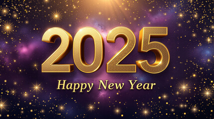 Elegant Happy New Year 2025 Design with Golden Numbers, Glittering Stars, and Festive Confetti Sparkle