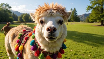Charming llama adorned with colorful decorations enjoys a sunny day in a lush meadow