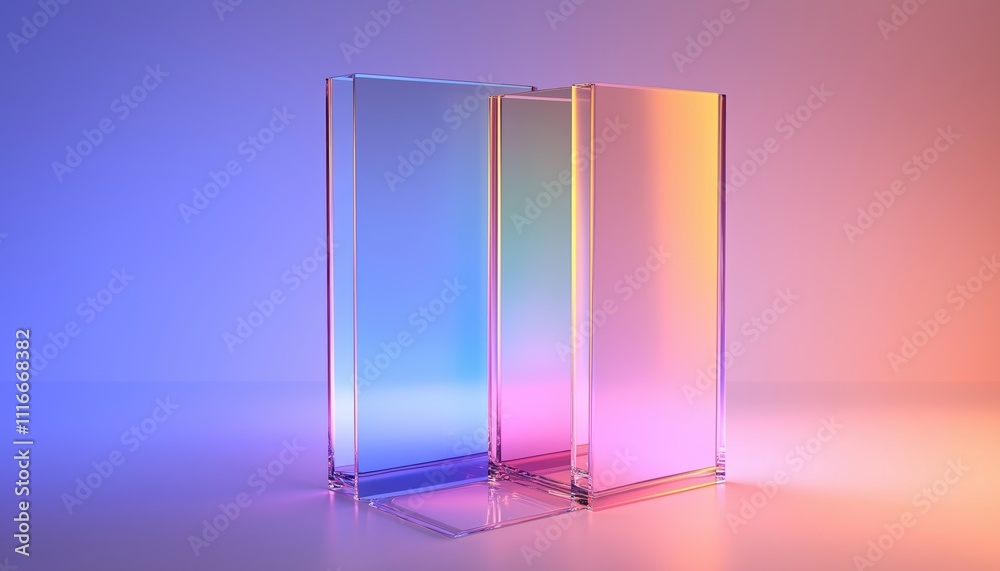 Poster 3d rendering of gradient transparent glass in digital computer design. realistic computer generated 