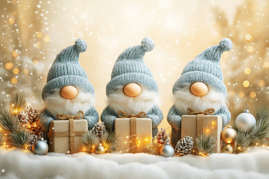 Three Christmas gnomes holding wrapped gifts surrounded by snow, ornaments and lights