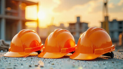 Three orange construction plastic helmets on the background of a building under construction
