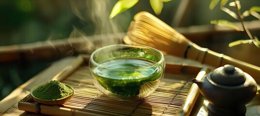 Serene Matcha Tea Scene with Bamboo Whisk for Relaxation and Tranquility
