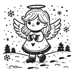 little snow angel in a snowy field black color vector illustration white color background