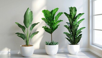 Fototapeta premium Tropical Foliage Plants In Stylish Indoor Setting: Ficus, Fiddle Leaf Fig Tree, And Snake Sansevieria In Chic White Pots. Elevate Your Home With Greenery.