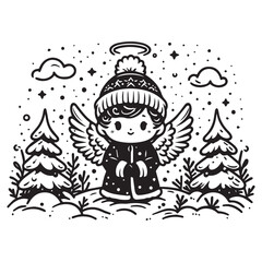 Naklejka premium little snow angel in a snowy field black color vector illustration white color background