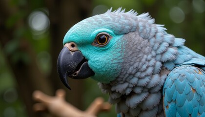 Obraz premium Vibrant blue parrot perched on a branch in lush tropical surroundings during a sunny afternoon