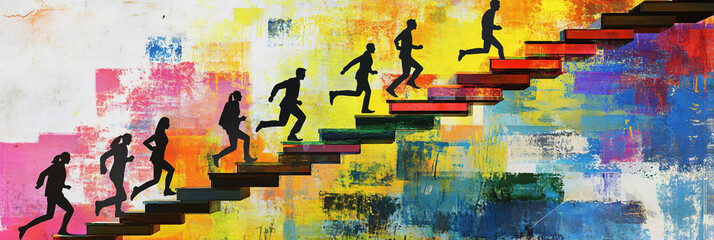 Fototapeta premium Abstract Collage of Employees Running Up Colorful Stairs, Representing Ambition, Promotion, and the Climb to Success 