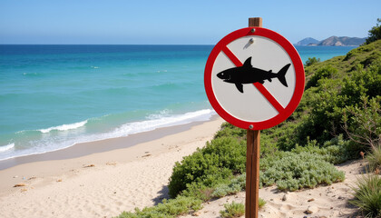Beach warning sign about shark presence near calm turquoise waters and golden sand under clear blue skies